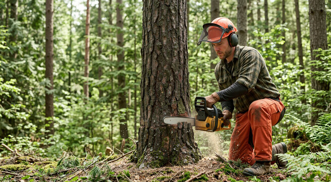 Lumberjack cutting a tree with a chainsaw in the forest. Professional logger working in the woods