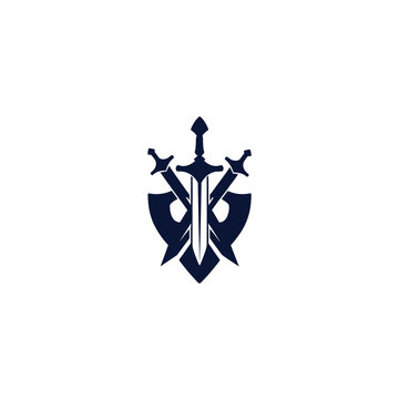 Dark blue emblem on white background, featuring three swords crossed over a shield