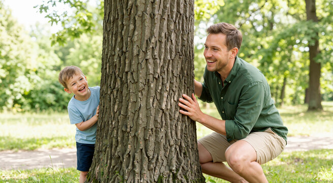 Father and son playing hide and seek behind a large tree in the park. Happy dad and little boy laughing and having fun outdoors in nature