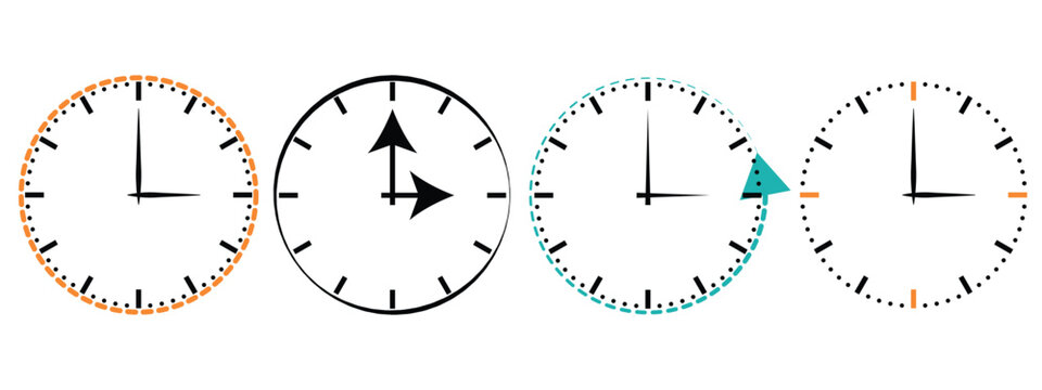 Minimalist vector illustration featuring four clock faces with arrow-shaped hands indicating different directions and time positions. Clean black-and-white design suitable for concepts related to time