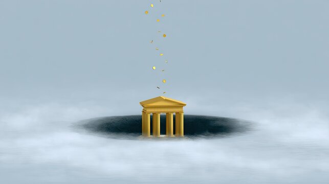 Golden classical building in a void surrounded by swirling clouds and falling coins