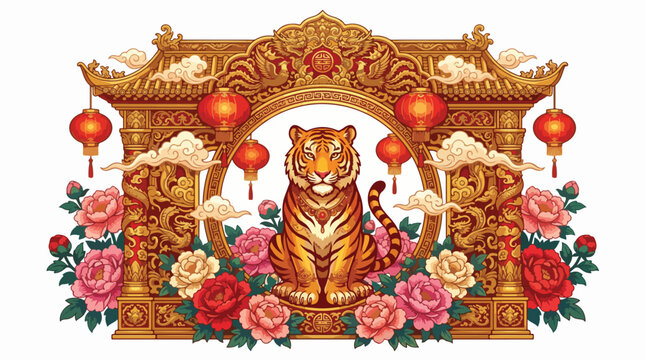 Majestic golden tiger sitting proudly in front of an ornate traditional chinese temple gate architectural frame