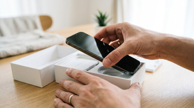 Unboxing smartphone from box on wooden table indoors