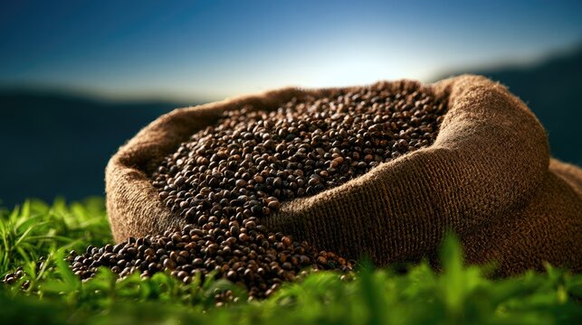 Sacked brown beans on green grass, twilight sky with sunrays