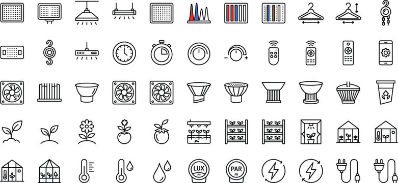 Greenhouse Lighting and Climate Control Line Icons Set for Indoor Farming and Plant Growth Monitoring