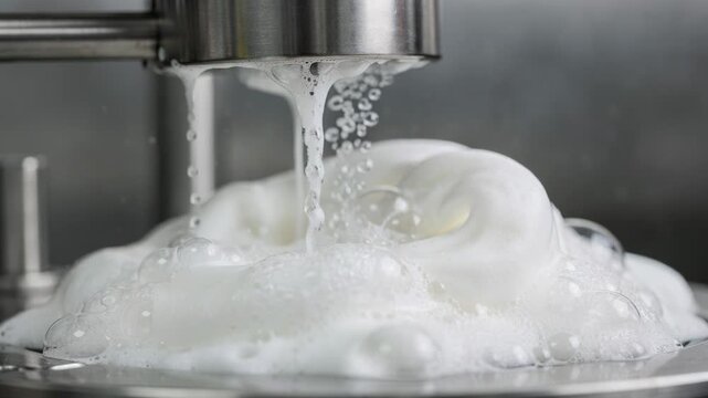 Closeup view of foaming hand soap aeration system injecting air to produce thick foam highlighting the rich texture and smooth consistency of mild formula during filling