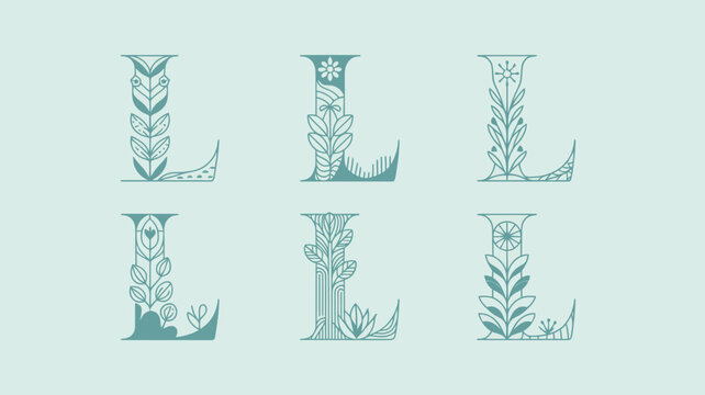 Decorative floral drop capital letter l in green and blue color scheme with elegant design