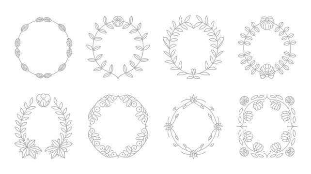 Elegant wreath designs with floral and leaf patterns in circular arrangements