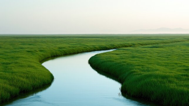 Serene, winding watercourse through a vast, vibrant green grassy wetland under a soft sky