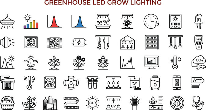 Greenhouse LED Grow Lighting Line Icons Set for Indoor Farming Climate Monitoring and Plant Cultivation