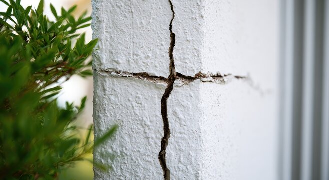 White column displays prominent vertical and horizontal cracks, with foliage