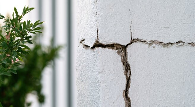 Textured white wall corner showing a prominent, deep crack