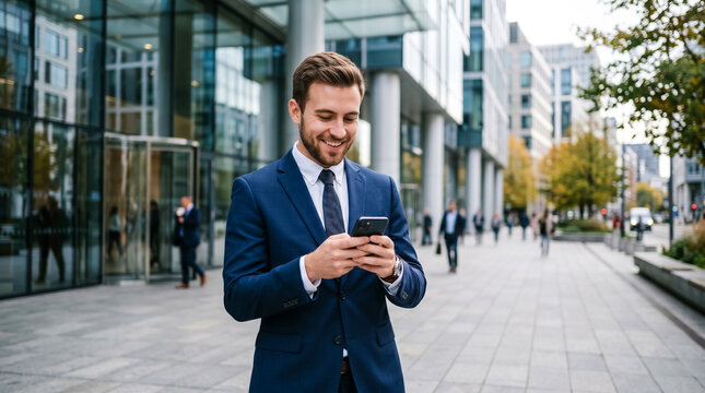 Smiling businessman checking phone on city sidewalk