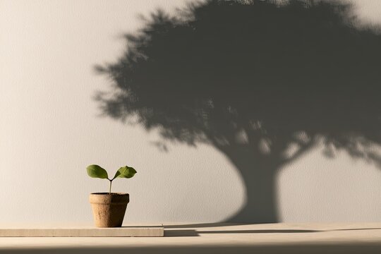 Tiny seedling in pot casts large tree shadow, representing growth