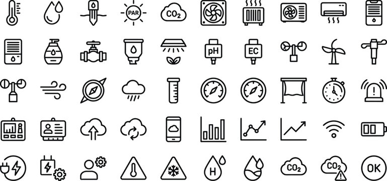Greenhouse Environmental Monitoring Line Icons Featuring Climate Control Precision Farming Irrigation Analytics and Smart Agriculture