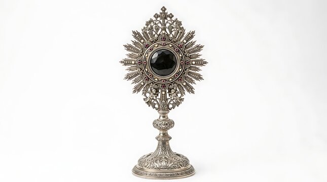Ornate Silver Monstrance with Black Gemstone on White Background
