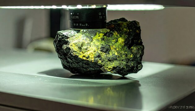 Rough chunk of dense uranium ore with subtle greenish-yellow mineral veins, isolated