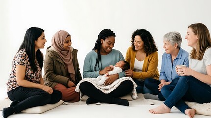 Fototapeta premium Diverse group of women supporting new mother with newborn baby