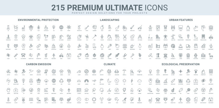 Carbon dioxide emissions, weather forecast, global warming, landscaping line icon set. Greenhouse gas effect for ecology, nature protection, urbanization thin black outline symbols vector illustration