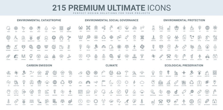 ESG, recycling and green energy, eco tourism, environment catastrophe line icon set. Ecology protection, sun and wind energy generator, carbon credit thin black outline symbols vector illustration