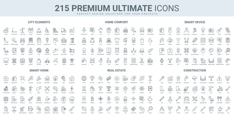 Smart home, real estate and construction site, city buildings thin black line icons set vector illustration. Outline symbols of automation house system and electric appliances, rent and mortgage © lembergvector