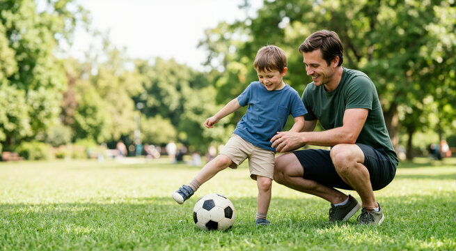 Father teaching his young son to play soccer in a park. Happy dad and boy kicking a ball on green grass. Family bonding and active lifestyle concept