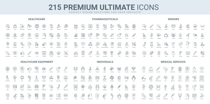 Ultimate monochrome icon set focusing on healthcare, pharmaceuticals, senior care, medical equipment, and individual services. Ideal for medical and wellness projects.