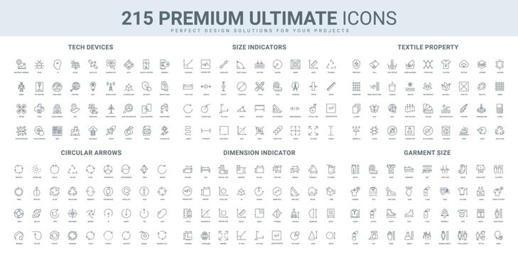 Size arrows and sizing tools, textile and material property, tech device, AI services line icon set. Circle, diagonal, length and width, dimension arrows thin black outline symbols vector illustration