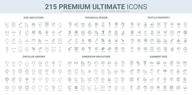 Size measurement, dimension indicator, loop and round progress arrows to refresh and reset line icon set. Engineering, clothes and textile properties thin black outline symbols vector illustration