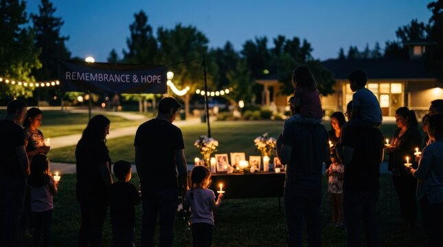 A group of people standing in a park at night, holding candles and a sign that reads 'Remembrance & Hope'. The setting is a serene outdoor environment with trees and a building in the background.