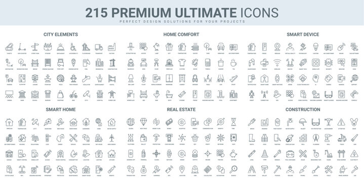Smart home, real estate and construction site, city buildings thin black line icons set vector illustration. Outline symbols of automation house system and electric appliances, rent and mortgage
