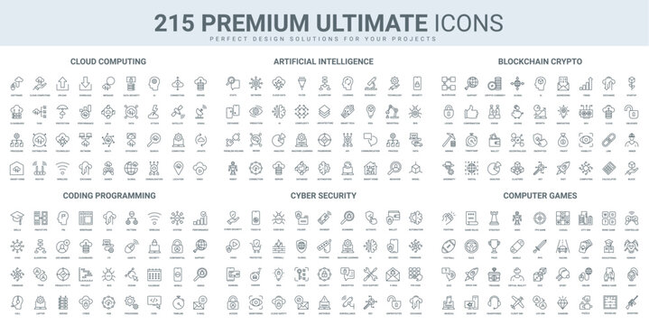 Cloud computing, program development, privacy thin black line icons set vector illustration. Outline symbols of computer and mobile games, software code and AI, network access and data protection