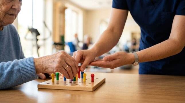 A nurse assisting an elderly woman with a memory game in a retirement home.
