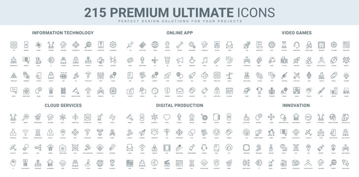 Information technology for data exchange and update, video game and mobile app, innovation line icon set. Cloud computing service, network software thin black outline symbols vector illustration