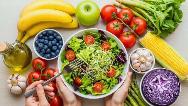 Top view of a healthy salad bowl held by hands surrounded by fresh vegetables, fruits, and olive oil on a wooden table