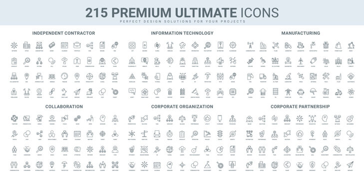 Business organization and structure, industry and agriculture equipment and machine, IT line icon set. Partnership and leadership, freelancer and team thin black outline symbols vector illustration