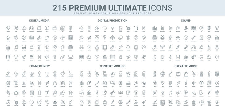 Digital media devices and content, data network connection and team relationship line icon set. Art creation, radio and TV, video and sound recording thin black outline symbols vector illustration