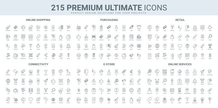 E store, place of wholesale and retail purchases, online service connection and app line icon set. Supermarket, shopping mall and shop sales, gift thin black outline symbols vector illustration