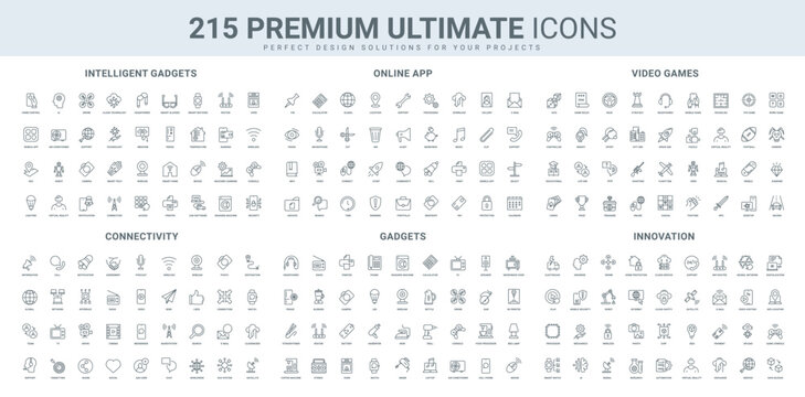 AI innovation and gadget, neural network connection and access, digitalization line icon set. Smart device for home and play, medicine, machine learning thin black outline symbols vector illustration