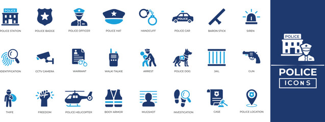 Police solid icon set featuring law enforcement symbols: jail, arrest, investigation, police car, surveillance, handcuffs, and station vector. © SokretiRani