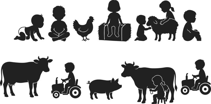 Farm Children and Livestock Silhouette Set with Tractor Cow Sheep Pig and Rural Activities