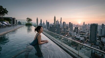 Fototapeta premium Woman relaxing in rooftop infinity pool overlooking city skyline at sunset