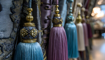 Obraz premium closeup of luxury tieback tassel curtain accessory with fringe at textile store