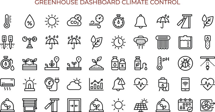 Greenhouse Dashboard Climate Control Line Icons Collection for Smart Farming Monitoring and Agricultural Management Systems