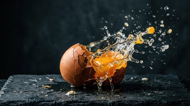 A cracked egg with a splash of yolk and white liquid on a dark background.