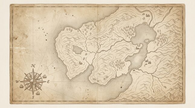 Antique cartography detailed hand drawn map of a fictional coastline with compass rose