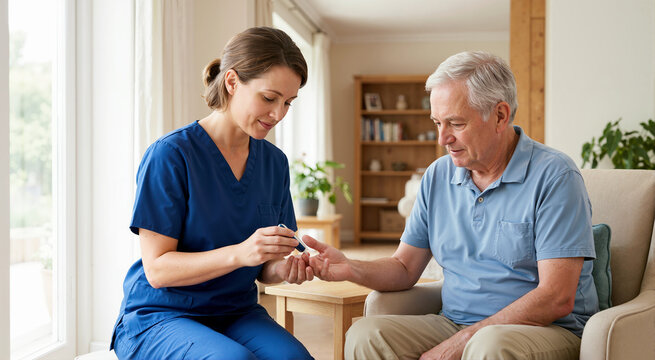 Female caregiver checking blood sugar of senior man at home. Nurse using glucometer for diabetic patient
