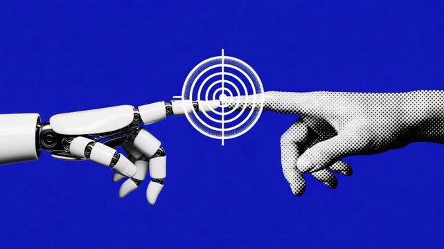 Robotic hand and human hand touching with a target symbol between them
