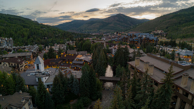 aerial view of Vail Colorado at sunset