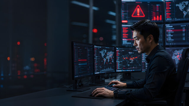 Cybersecurity Engineer Using AI Threat Detection Software in Advanced Security Operations Center